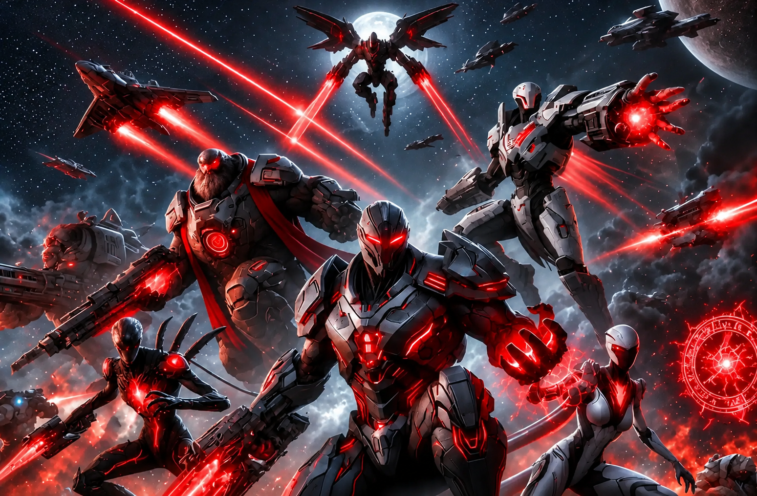Crimson Mechs Over the Space Battlefield